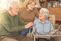 Family members looking at a photo album together in a living room.
