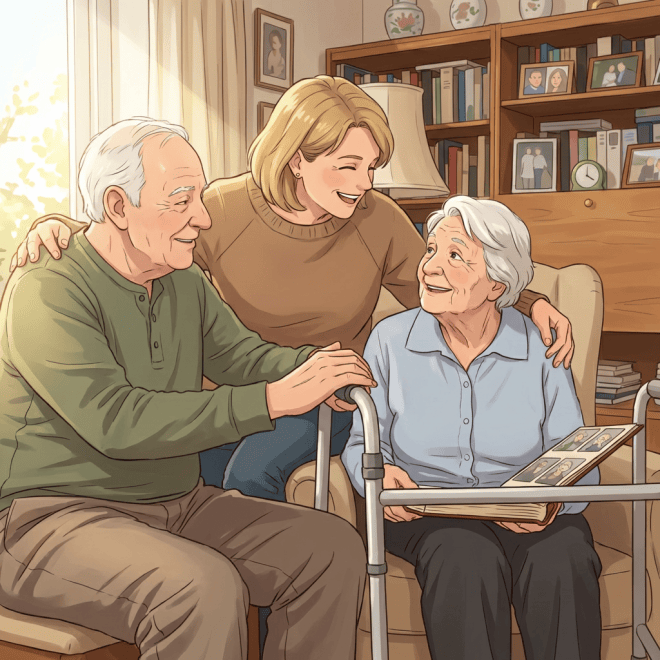 Family members looking at a photo album together in a living room.