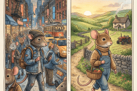 Two panels showing mice in city and countryside settings, one busy and modern, the other calm and rural.