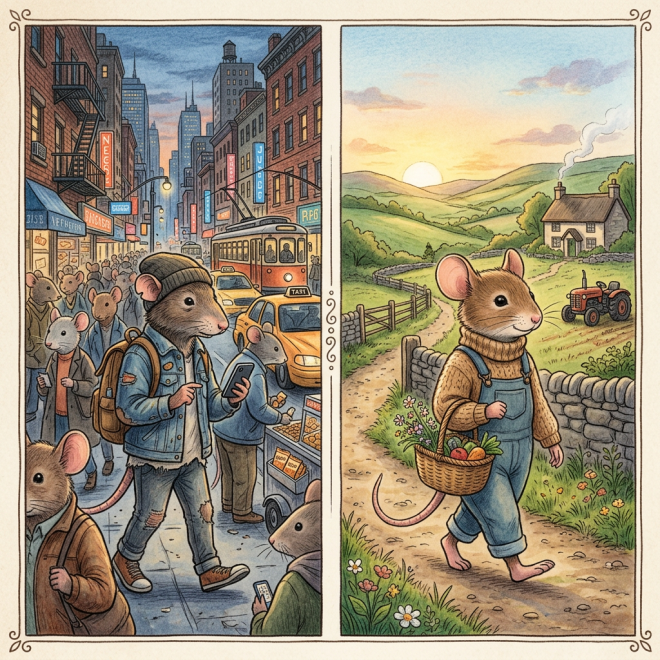 Two panels showing mice in city and countryside settings, one busy and modern, the other calm and rural.