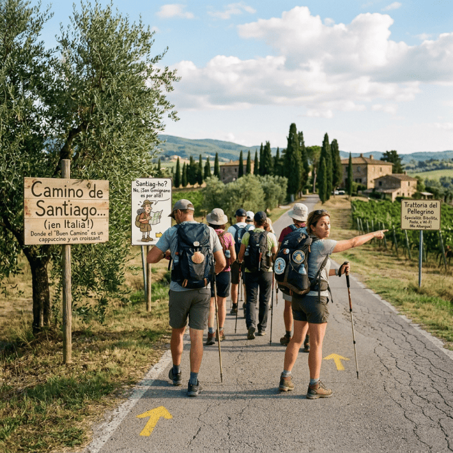 Group of hikers walking on a paved path with backpacks and walking sticks, surrounded by countryside and signage for Camino de Santiago