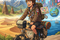 Traveler with backpack and bike exploring mountains, desert, city, and sea.