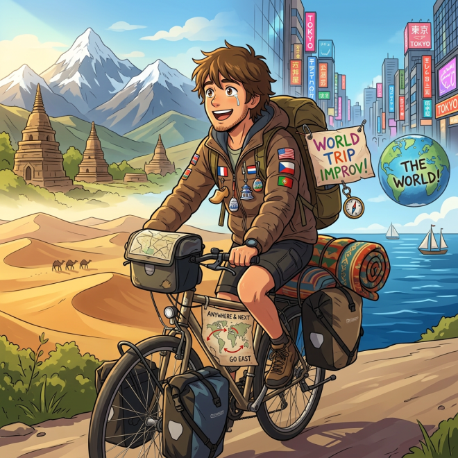 Traveler with backpack and bike exploring mountains, desert, city, and sea.