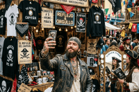 Pirate merchandise stall with various shirts, flags, and signs; man in leather jacket taking a selfie