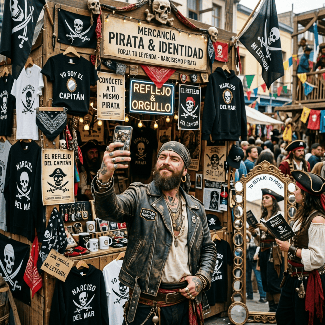 Pirate merchandise stall with various shirts, flags, and signs; man in leather jacket taking a selfie