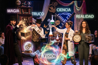 Four people on stage representing magic, trick, science, and reality, with glowing labels and props symbolizing each concept