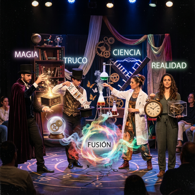 Four people on stage representing magic, trick, science, and reality, with glowing labels and props symbolizing each concept
