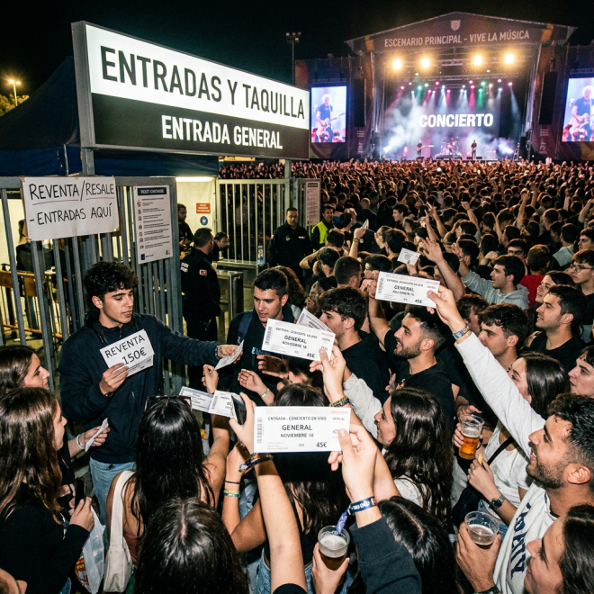 People holding and exchanging concert tickets at a crowded entrance with a resell sign
