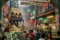 Crowded theme park exhibit showing people on a fast money ride and a shady money exchange booth