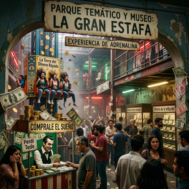Crowded theme park exhibit showing people on a fast money ride and a shady money exchange booth