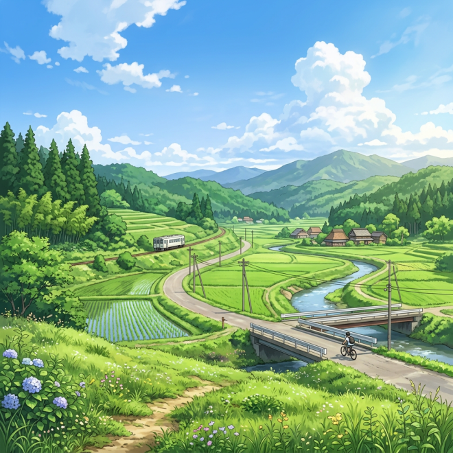 Lush green rice fields, winding river, cyclist on bridge, train on tracks, and distant mountains under a blue sky