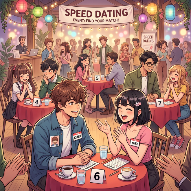 Couples chatting happily at tables during a speed dating event with colorful lanterns and lights