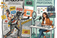 A shadowy figure representing unprofessional content surrounded by negative icons separated by a barrier from a woman producing professional content at a desk
